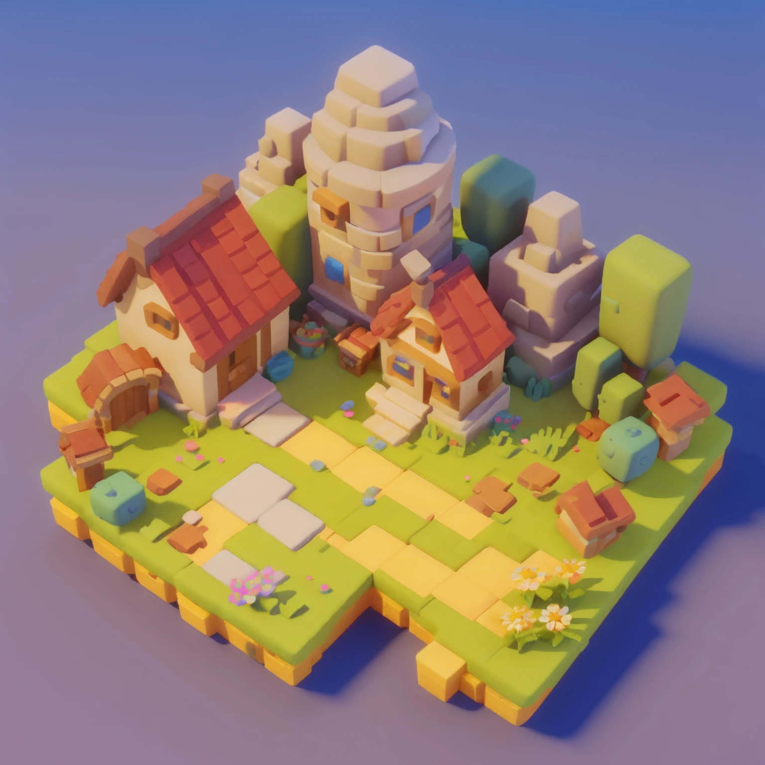 Game architectural design, cartoon, town, stone, brick, meadow, river, flowers, casual game style, 3d, blender, masterpiece, super detail, best quality