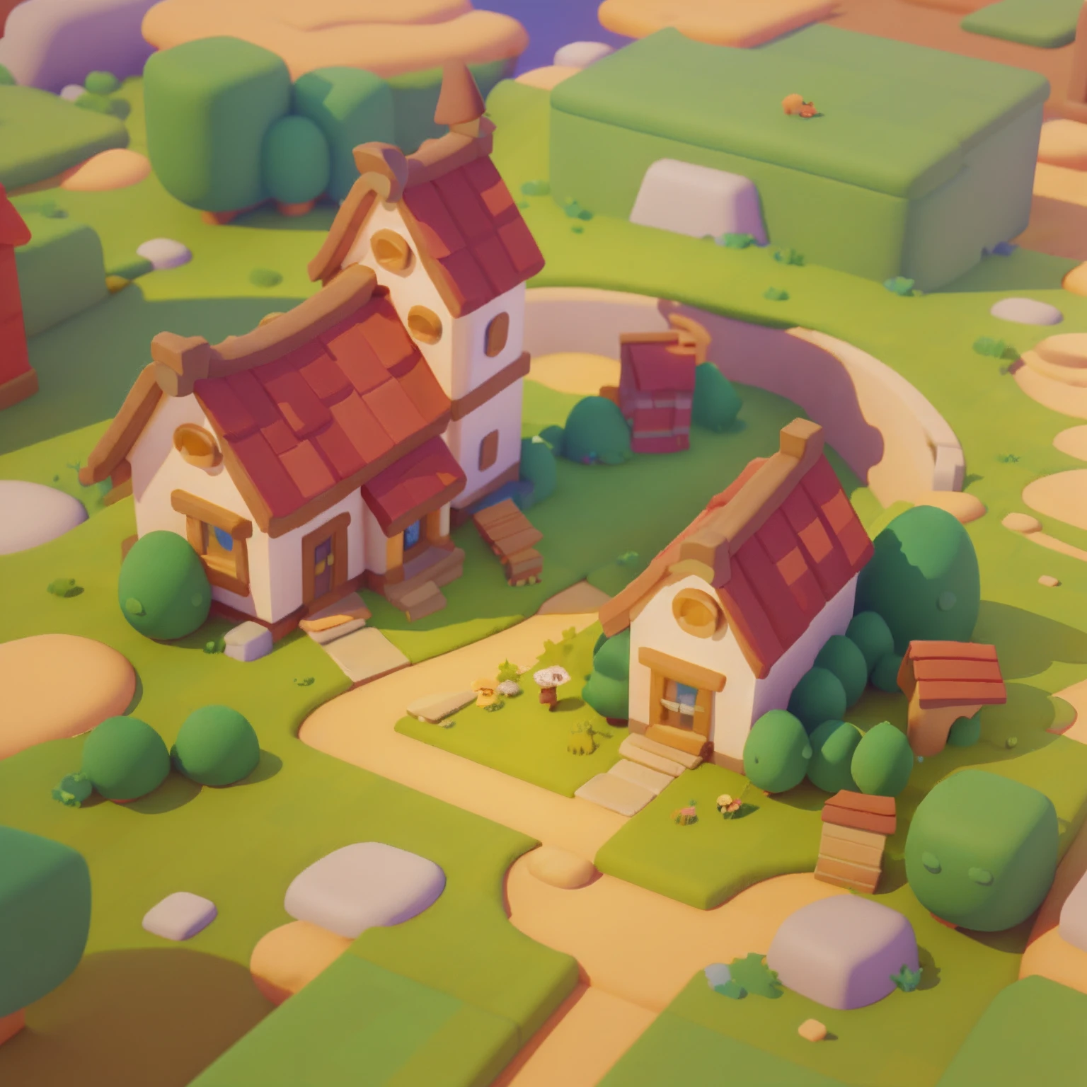 Game architectural design, cartoon, town, stone, brick, meadow, river, flowers, casual game style, 3d, blender, masterpiece, super detail, best quality