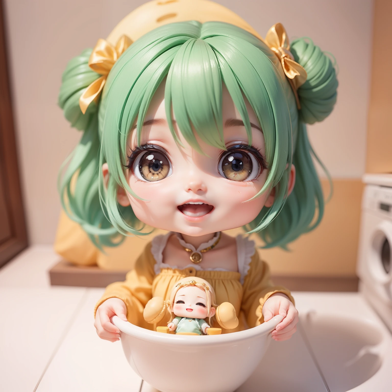 There is a doll that is sitting in a bowl with a doll - SeaArt AI