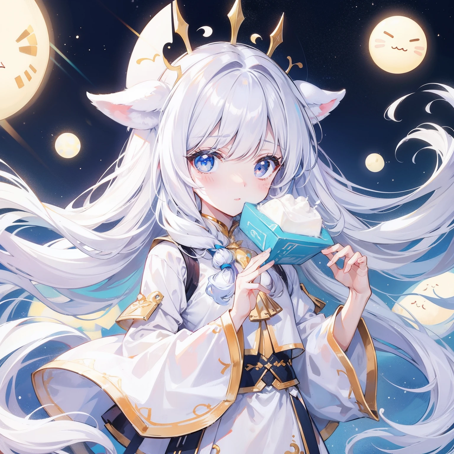 Anime girl with white hair and blue eyes holding a blue object - SeaArt AI