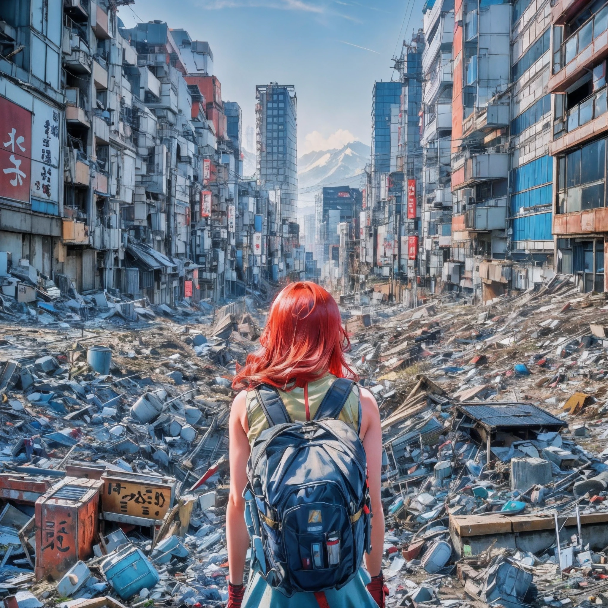 une adolescente aux cheveux roux avec un sac à dos escaladant une montagne de détritus contre une ville de tokyo en ruine en arrière-plan, photo, Cinématique, Il y a un panneau, et il est écrit Tokyo. 4k, ultra haute résolution