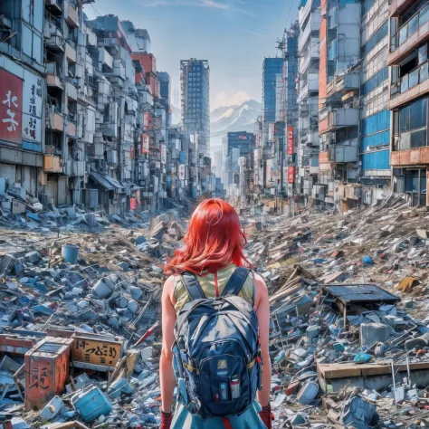 a red-haired teen girl with a backpack climbing a mountain of rubbish against a ruined tokyo city in the background, photo, cine...