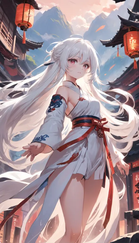 long  white hair，China-style，Faraway view，full bodyesbian，Anime shoujo，Sword in hand，Feet