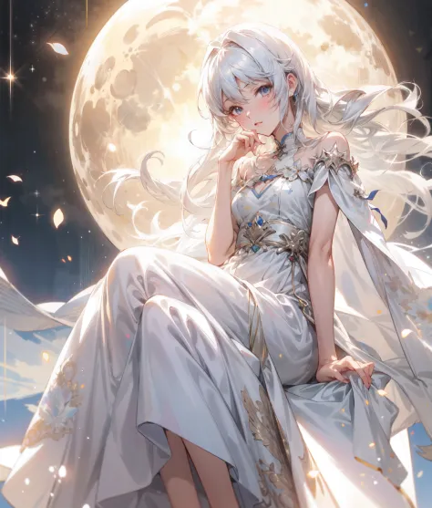 anime girl sitting on a full moon 🌙 with a white dress and a flower, beautiful anime, guweiz on pixiv artstation,starry night ba...