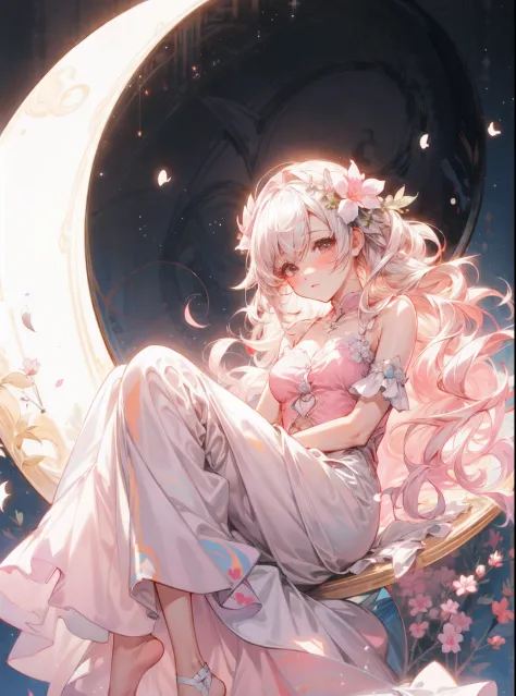anime girl sitting on a crescent moon 🌙 with a pink dress and a flower, beautiful anime, guweiz on pixiv artstation, beautiful f...
