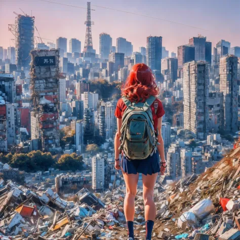 a red-haired teen girl with a backpack climbing a mountain of rubbish against a ruined tokyo city in the background, photo, cine...