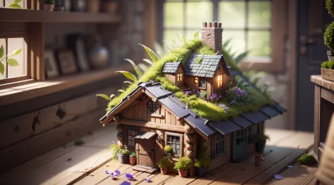 Masterpiece, Best quality, (Extremely detailed Cg Unity 8K wallpaper), (Best quality), (Best Illustration), (Best shadow),A moss-covered turnip hut surrounds the room，Firefly，petals，glowing windows，Isometric 3D, rendering by octane,Ray tracing,Ultra detail...