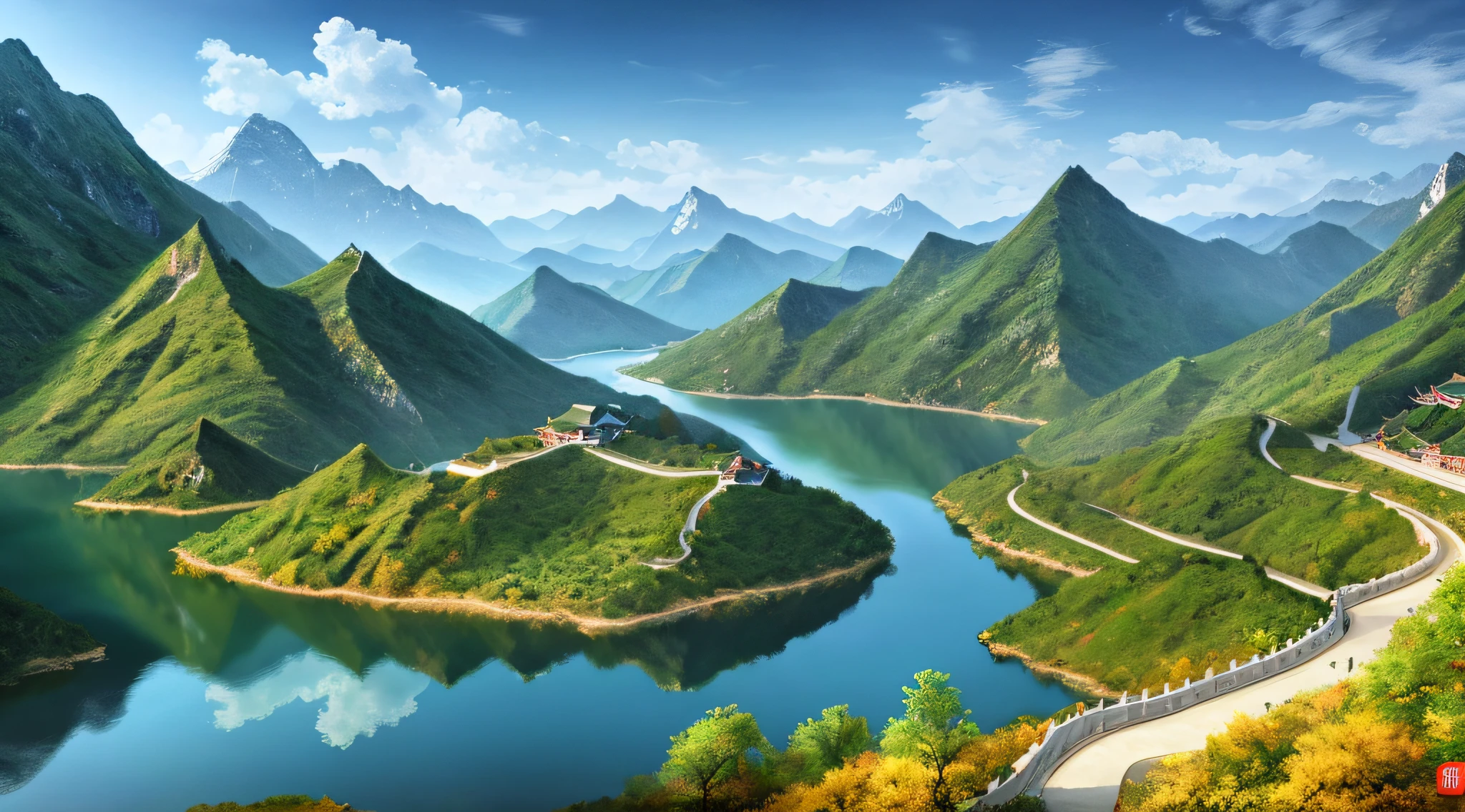 A beautiful Chinese mountain and lake, (masterpiece), (portrait), (raw photo), (highly detailed CG unity 8k wallpaper) intricate, sharp focus, dramatic, realistic art