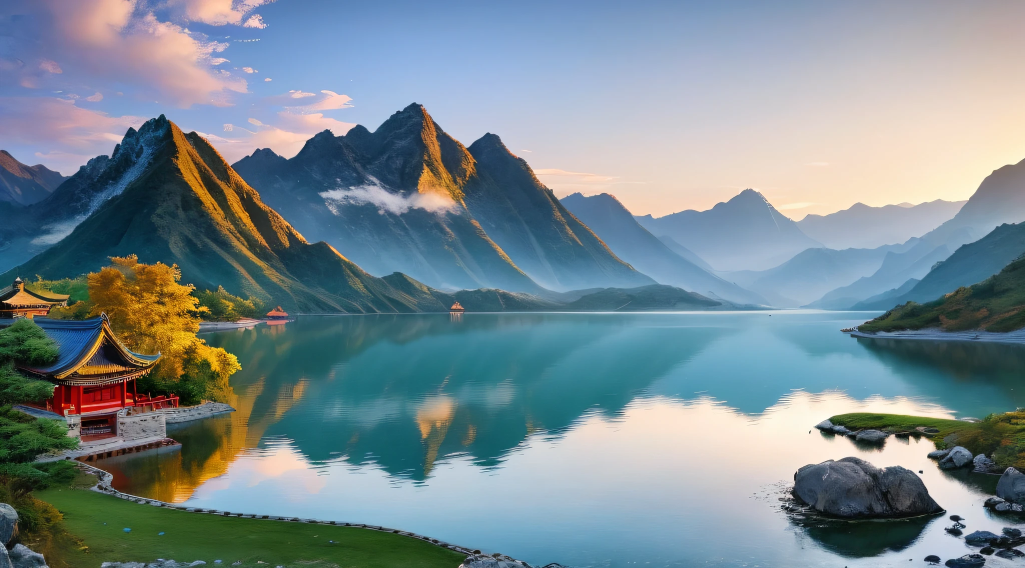 A beautiful Chinese mountain and lake, (masterpiece), (portrait), (raw photo), (highly detailed CG unity 8k wallpaper) intricate, sharp focus, dramatic, realistic art