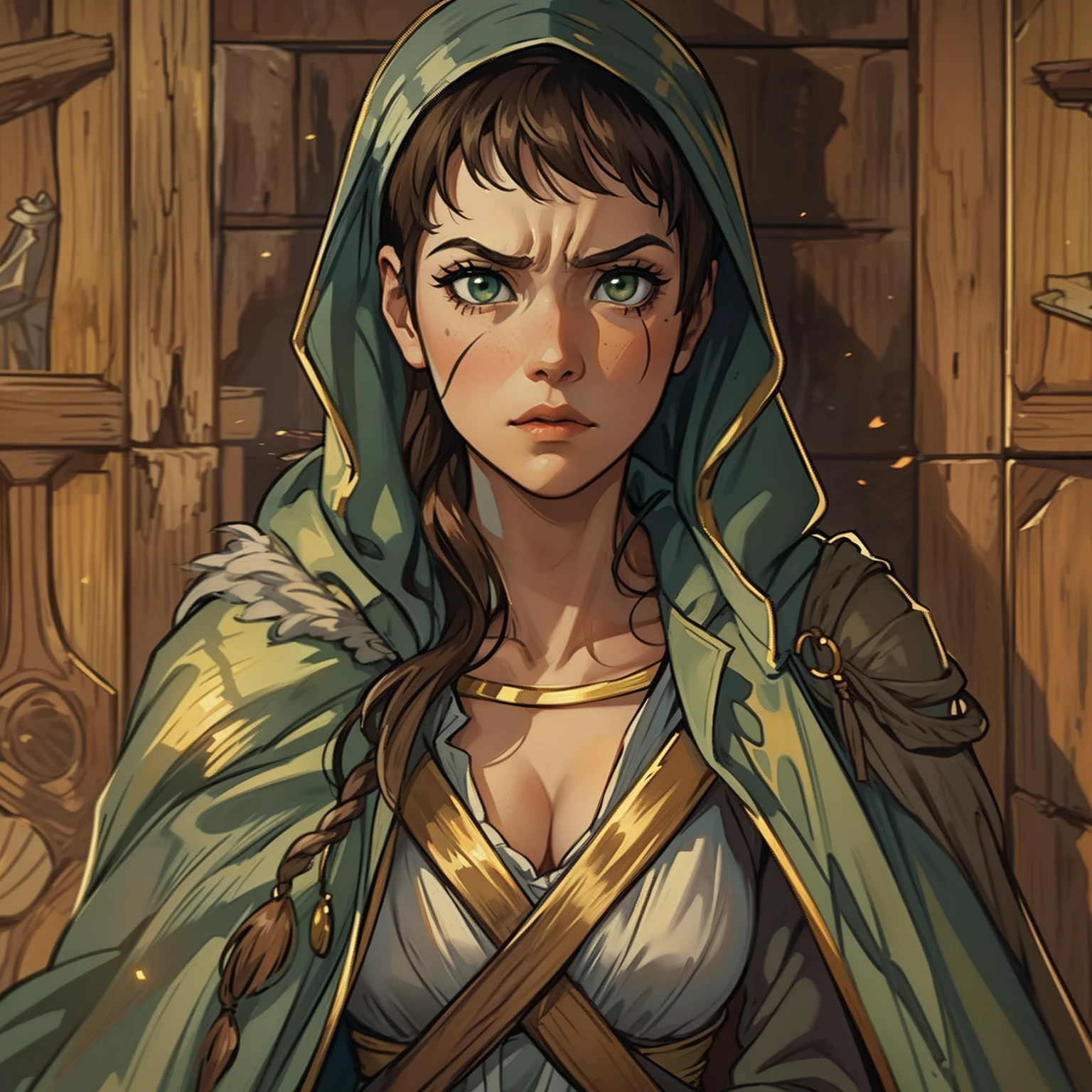 Uma bela mulher com olhos verdes e cabelos castanhos é uma feiticeira Mago vestido com vestes brancas e douradas Roupões nobres Uma princesa de magia e um olhar cansado ((gritando furiosa)), é borracha. ((corado)) papel de parede de madeira dramático Uma arte para um RPG Uma arte medieval para um RPG