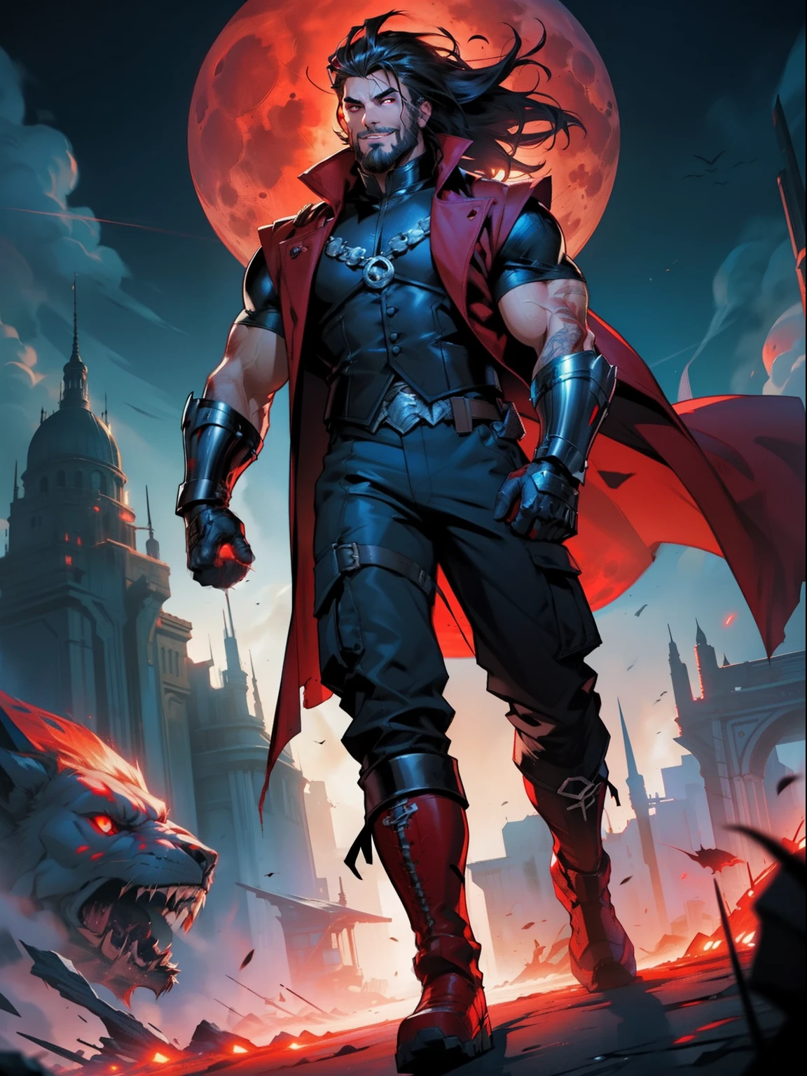 Blood moon background, illustration, Marvel comics style. Tall villian, buffed, short mane hair, ((mullet)), defined face, detailed eyes, short beard, glowing red eyes, dark hair, wily smile, badass, dangerous. Wearing overcoat, armor vest, cargo pants, high boots.