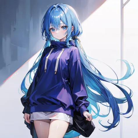 Long fleshy blue hair，Loose and simple sweatshirt，It looks small and cute，But the chest is large and plump