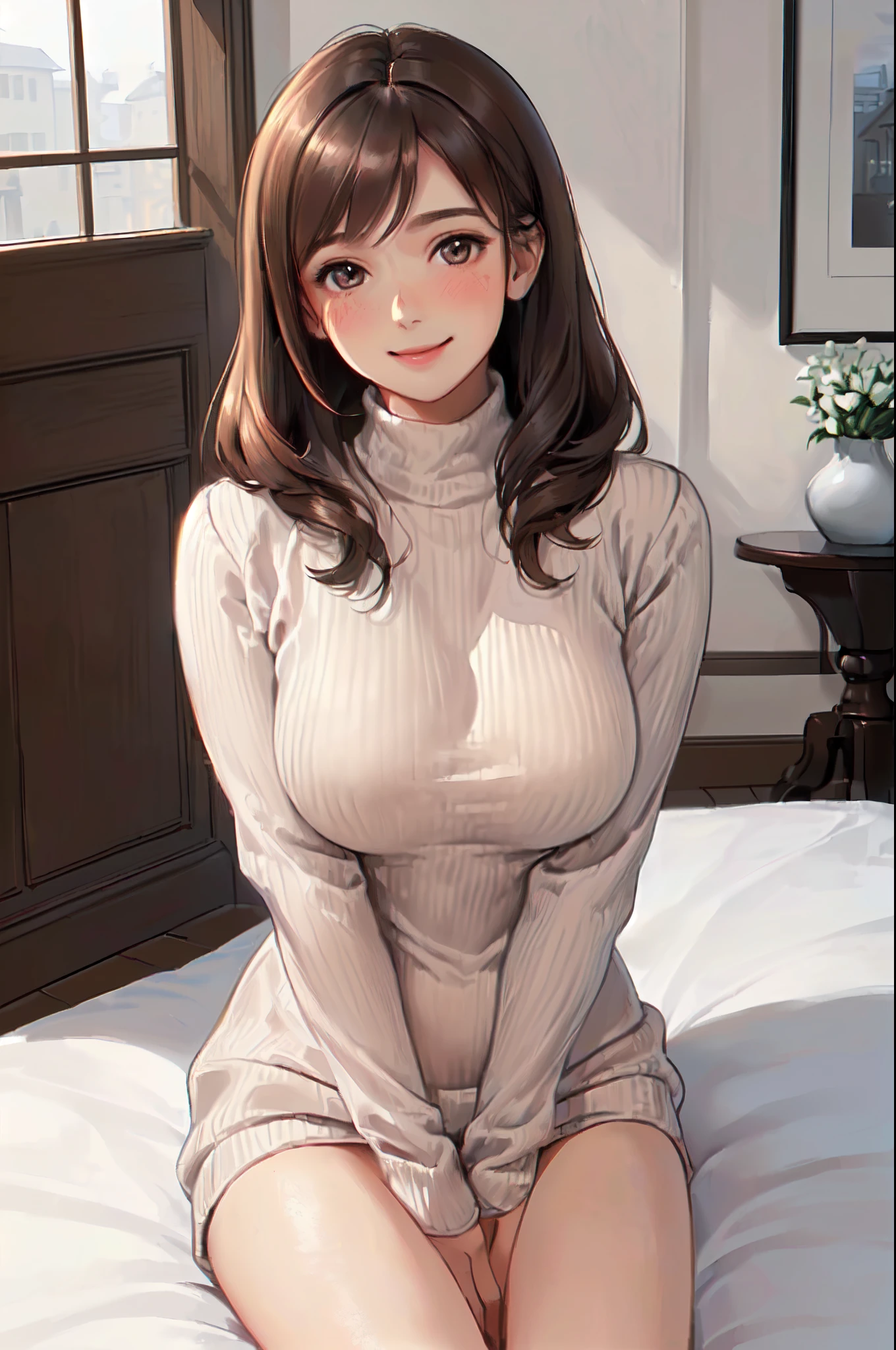 modern house indoors, 1lady solo mature female /(brown medium hair/), ribbed sweater blush kind smile, (masterpiece best quality:1.3) delicate illustration ultra-detailed, large breasts
