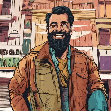homem de barba, em frente a porta de um comercio com um sorriso grande