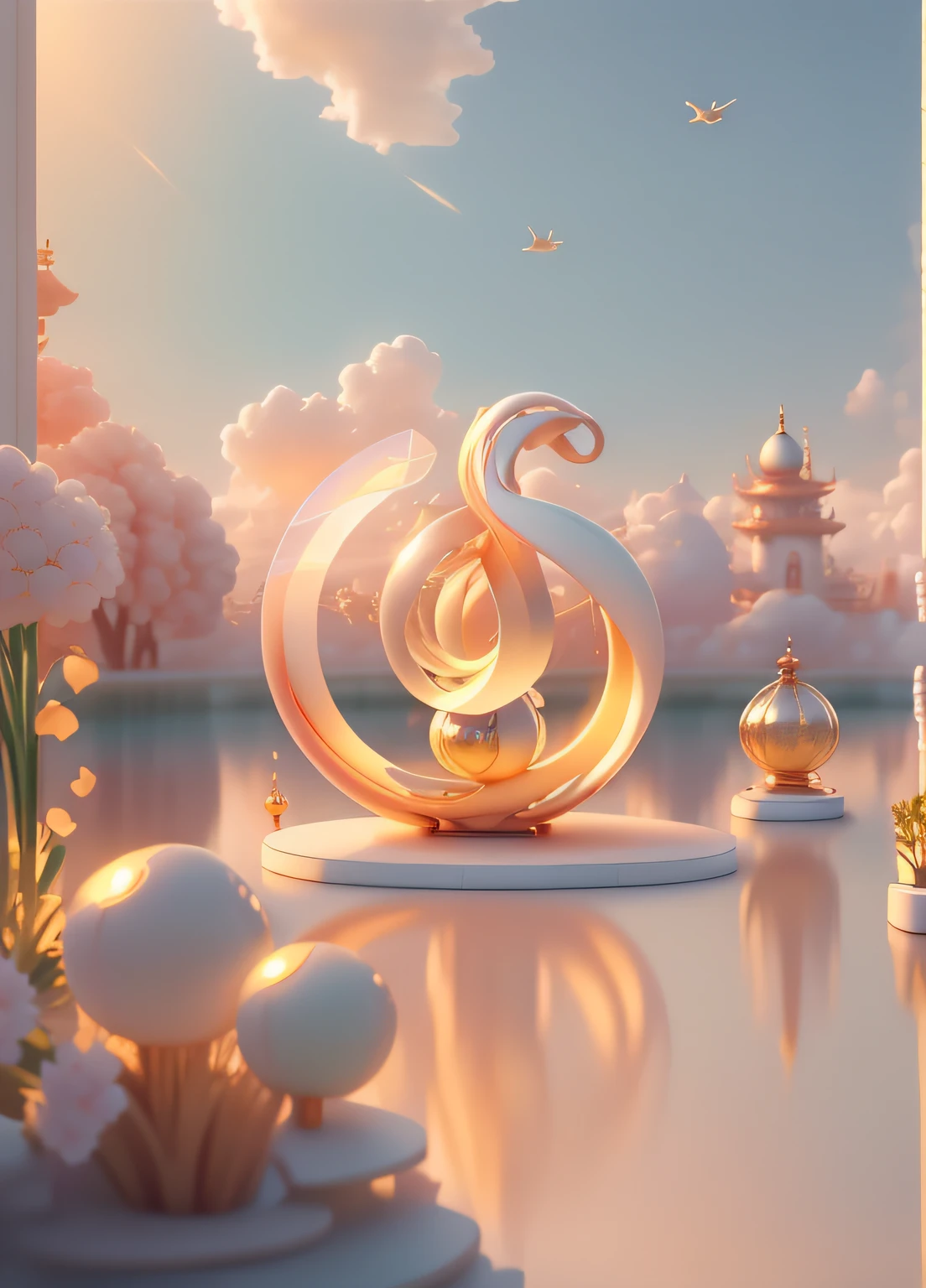 Masterpiece,（(Thousand pure glass,Shine：1.2，（Transparent：1.3),The sheen)),Best quality;（pixar-style：1.4)，（Cloud sea，at sunrise，The kingdom of Zhou was surrounded by clouds of fire，rainbowing，Flying birds，Paper airplanes)(Ultra detailed，Aesthetic，Beautiful composition is rich，vivd colour，volumetric soft light)4K，Reflections in sunlight，Reflections is inspired by Alice in Wonderland，magic，Fairy tales，illusory engine，rendering by octane，cuteness render，a 3D render，Adobe Photoshop，Awesome beauty