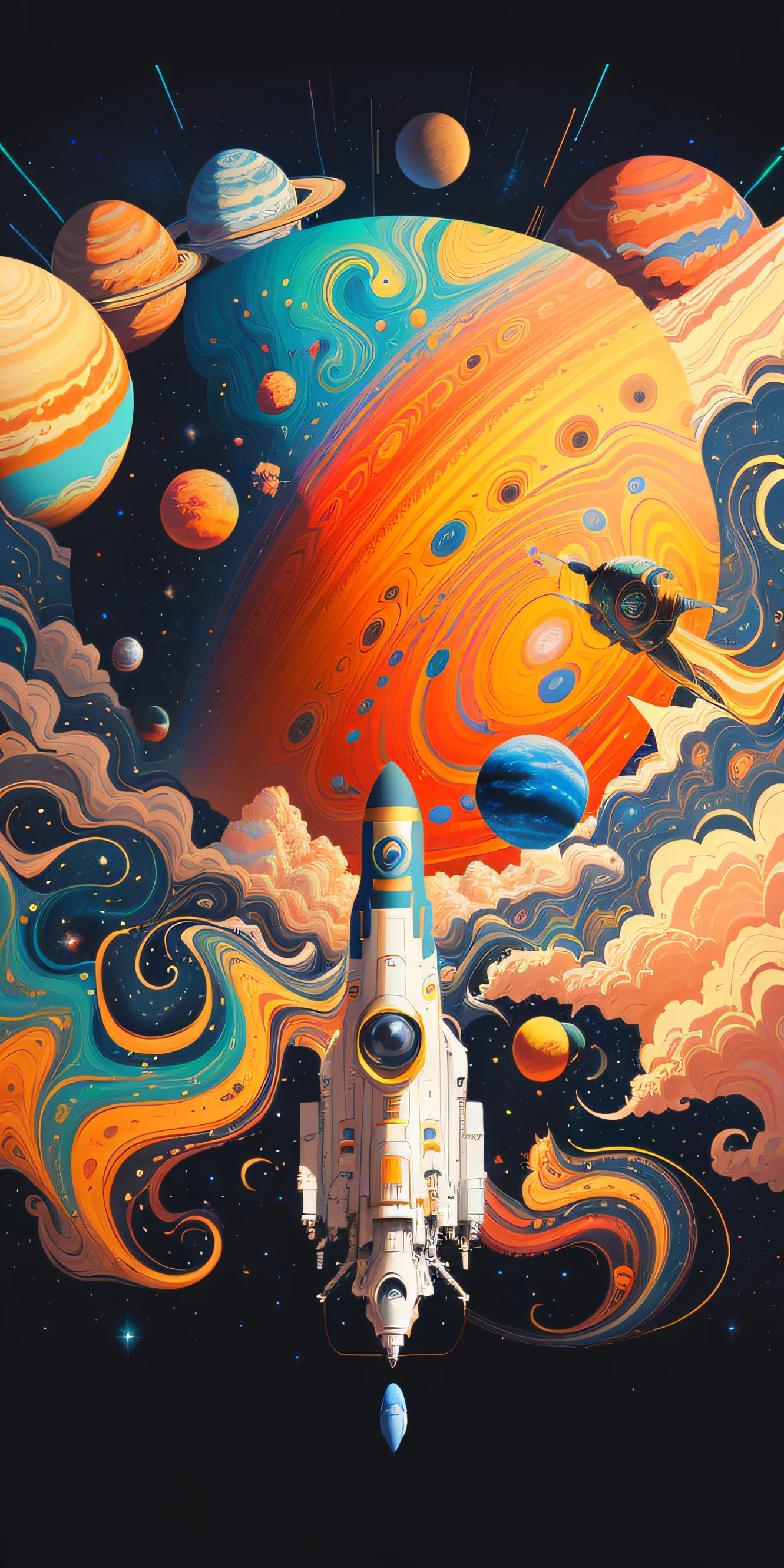 Space-themed poster with rockets and planets, cosmic and colorful, space colors, Space travelling, space graphics art in background, plethora of colors，detail-rich, Psychedelic art style, Space art, Space travelling, psychedelic surreal art, psychedelic illustrations, 4k highly detailed digital art, Amazing wallpapers, trippy art, Surreal space, hyperdetailed colourful