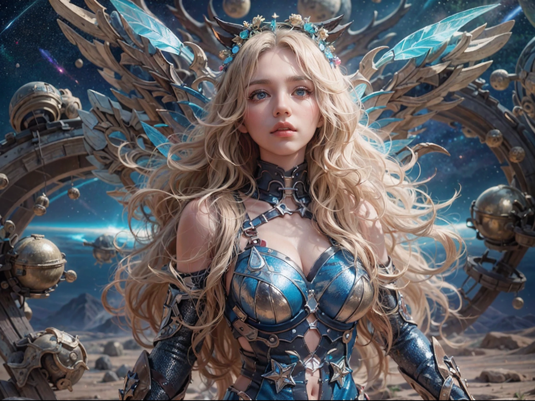 there is an illustration of a fairy with mecha parts fairy_wings floating on Mars planet looking into space seeing the vast of stars and space, full body shot, blond hair, long hair, blue eyes, ultra detailed face, space and stars as background, sense of infinity, Ultra-Wide Angle, high detail, award winning, best quality, HD, 16K, high details, best quality, highres, ultra wide angle, photorealistic, ultra realistic [[anatomically correct]], high details, best quality, 16k, [ultra detailed], masterpiece, best quality, (extremely detailed), ultra wide shot, photorealistic,