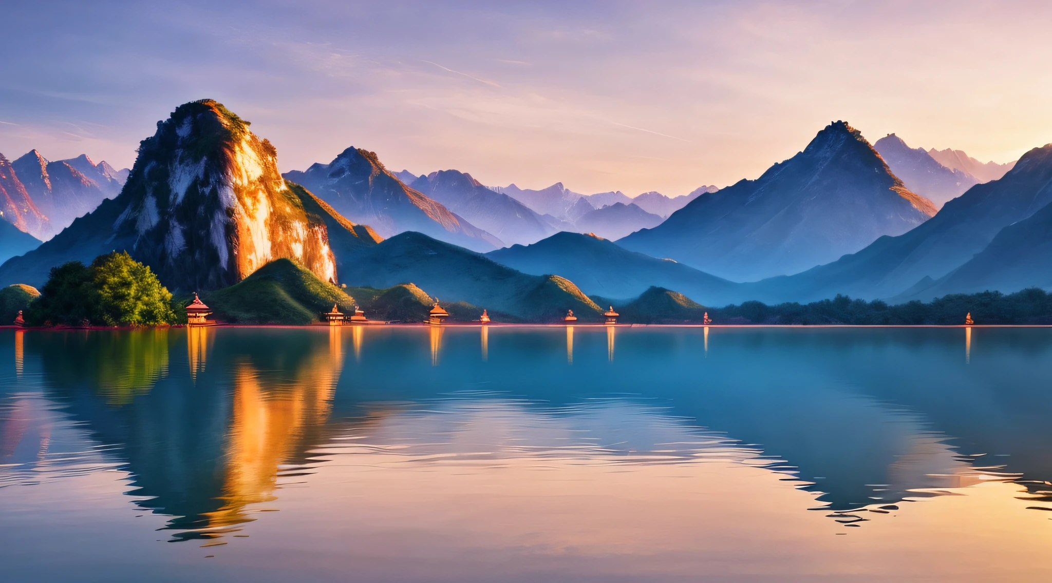 A beautiful Chinese mountain and lake, (masterpiece), (portrait), (raw photo), (highly detailed CG unity 8k wallpaper) intricate, sharp focus, dramatic, realistic art