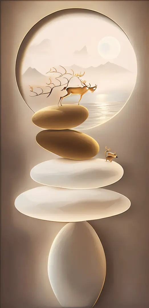 There is a painting，The painting shows a deer sitting on a pile of stones, neosurrealism. Digital art, lie on a golden stone, gr...