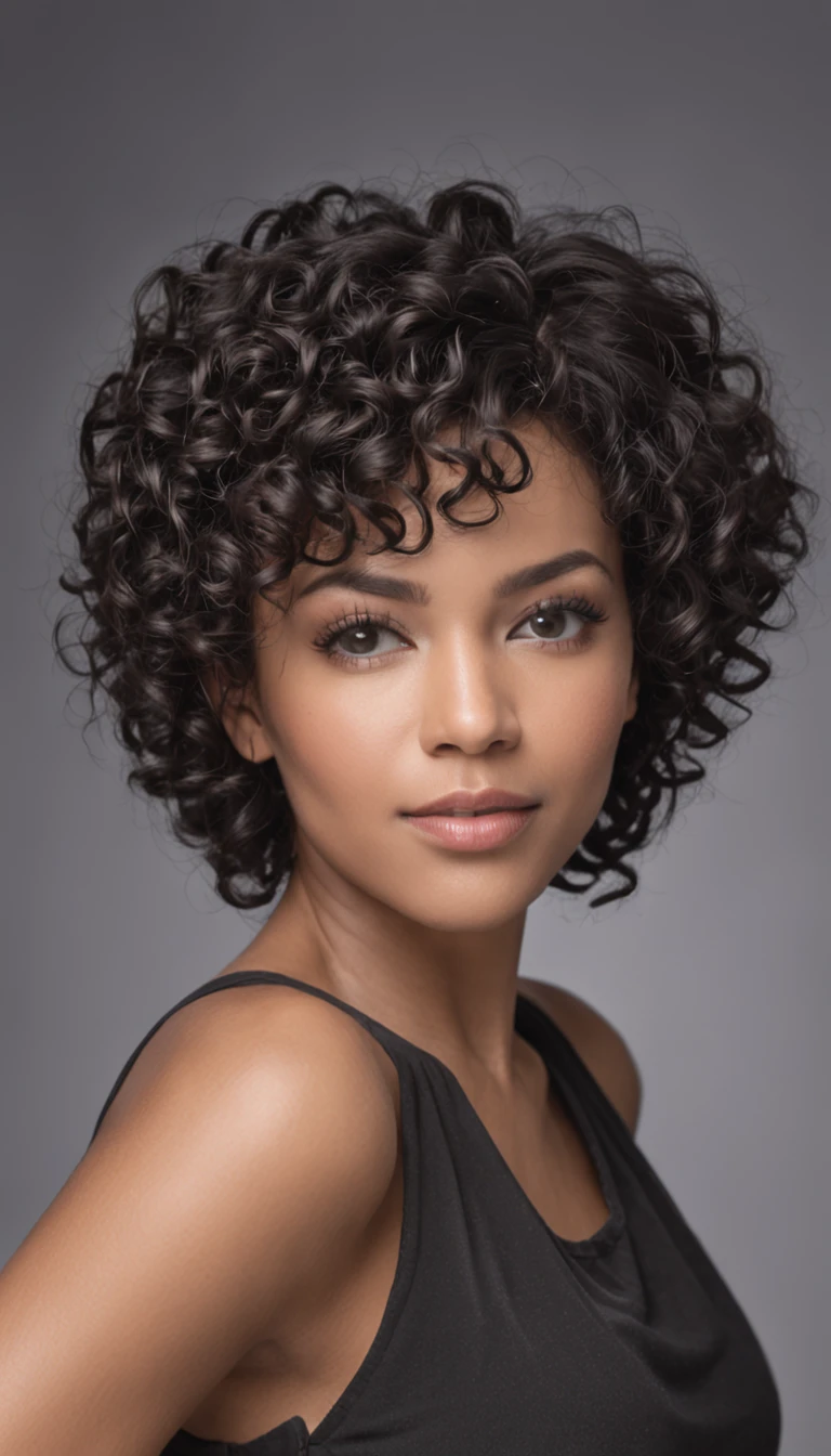 A woman with a black top and curly hair posing for a picture - SeaArt AI