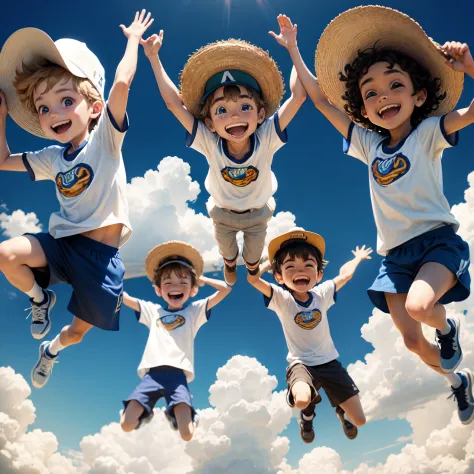 A group of boys between the ages of 6 and 12 wearing visor hats, Jump in high air and raise your hands up. They are happy and fu...