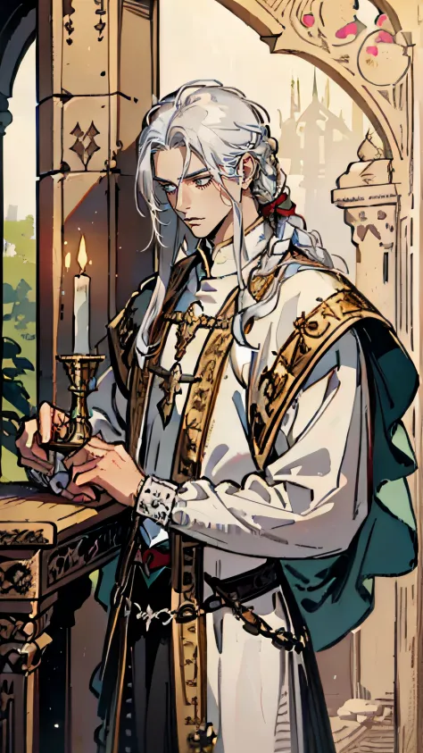 Realistic, (masterpiece, top quality, best quality, official art,) very detailed, most detailed, (1boy:1.3), long white hair,
golden pupil, mysterious, handsome man,Priest,((medieval fantasy style)), fantasy clothing, intricate details, 1 male, handsome, t...