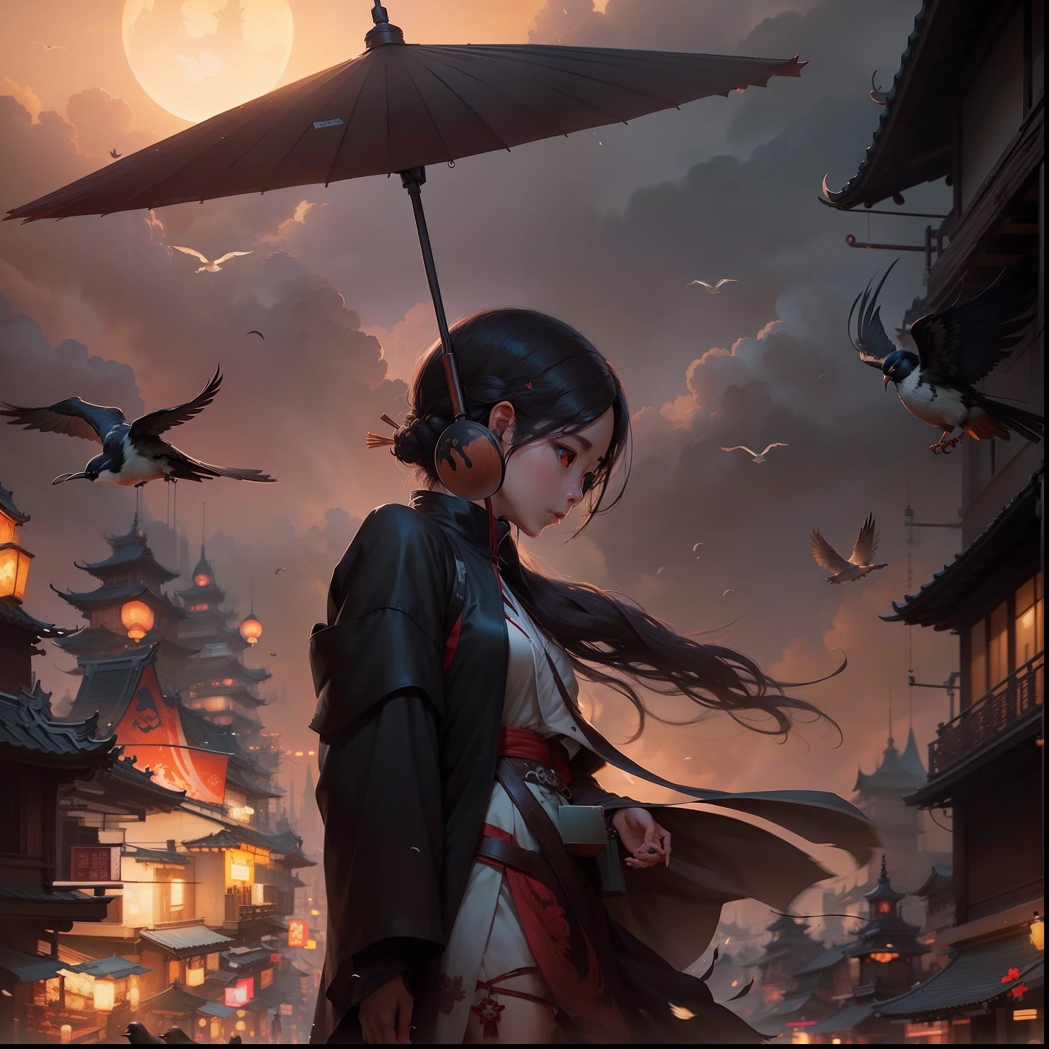 Anime girl with umbrella in the rain with birds flying around - SeaArt AI