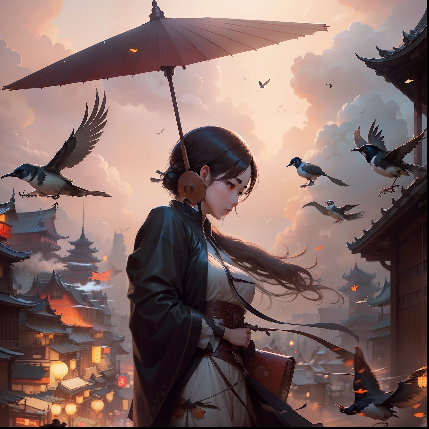 Anime girl with umbrella and birds flying over her head - SeaArt AI