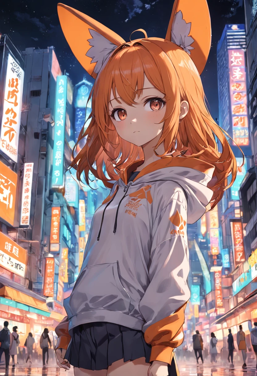 buatkan  gambar denga konspe wanita dengan hood kebuka , mengunakan celana pendek, ,sedang minuman orange juice dalam kotak , , background gedung hancur, dengan gaya anime 90an, dengan tone warna monokrom