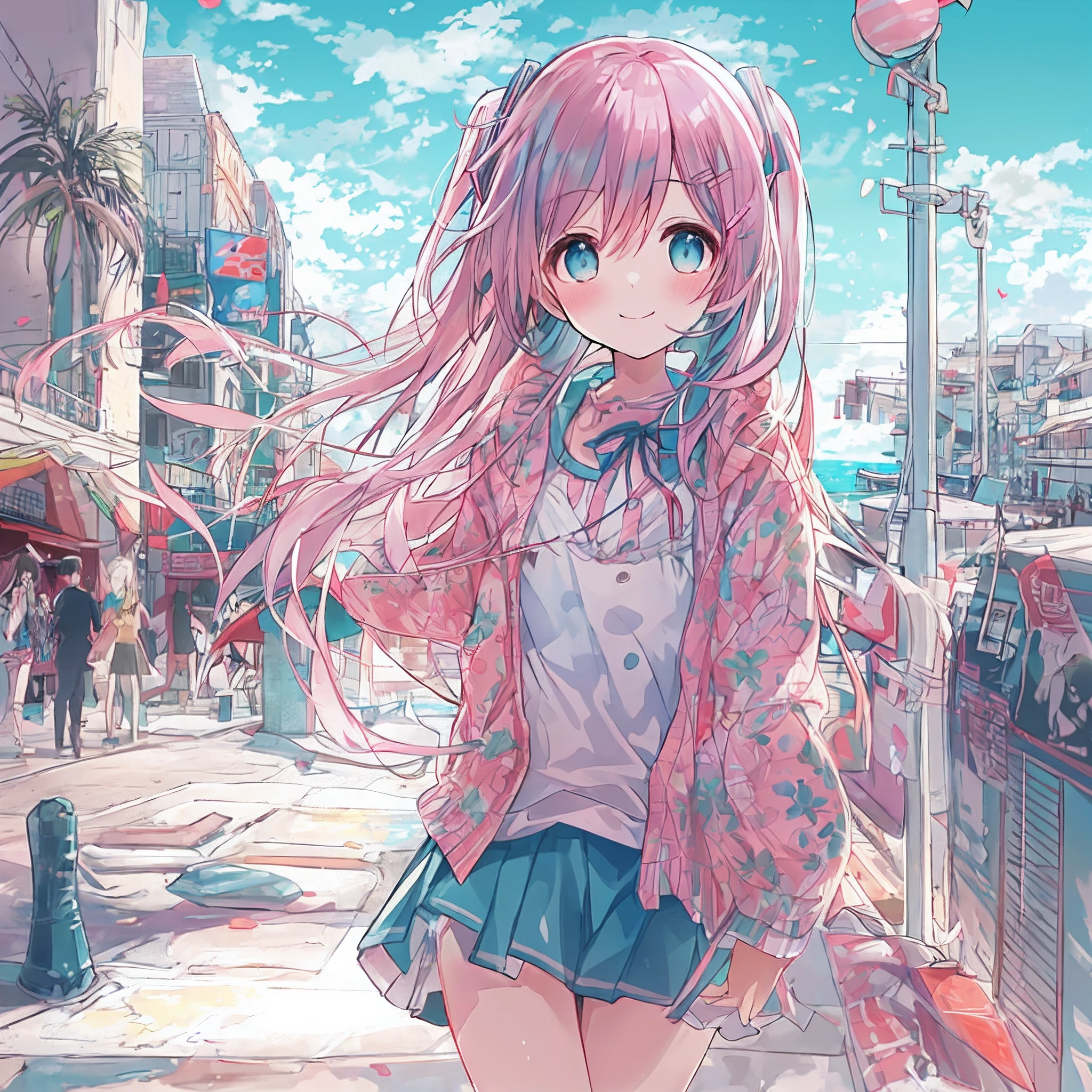 absurderes, hight resolution, (Anime style:1.1), ((masutepiece)), ((Best Quality)), (Ultra-detailed), (Beautiful), 独奏, Beautiful face、(liftup),Cute little girl standing on the street in Mediterranean port city,Wind,Pink colorful hair, Colorful eyes,Cute summer casual clothes,Blue sky,Closed eyes,Looking at Viewer,Lens Flare,Dramatic, Coastal、(The skirt flutters in the wind:1.3)、A smile、miku hatsune