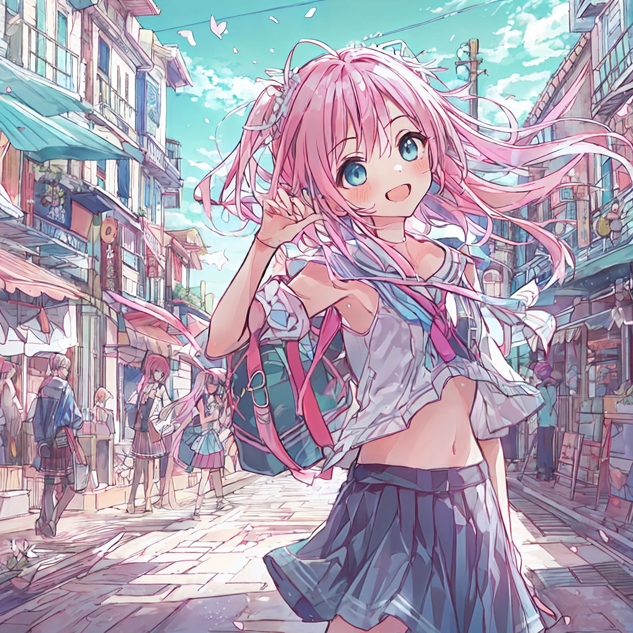 absurderes, hight resolution, (Anime style:1.1), ((masutepiece)), ((Best Quality)), (Ultra-detailed), (Beautiful), 独奏, Beautiful face、(liftup),Cute little girl standing on the street in Mediterranean port city,Wind,Pink colorful hair, Colorful eyes,Cute summer casual clothes,Blue sky,Closed eyes,Looking at Viewer,Lens Flare,Dramatic, Coastal、(The skirt flutters in the wind:1.3)、A smile、miku hatsune