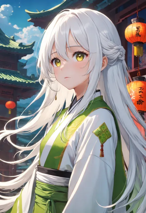 long  white hair，Yellow-green clothes，China-style，444 Hz, Beautiful, Breathtaking, Highly detailed, 8K, Use, affectionate, Ultra photo realsisim, scenery