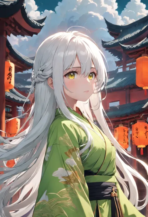 long  white hair，Yellow-green clothes，China-style，444 Hz, Beautiful, Breathtaking, Highly detailed, 8K, Use, affectionate, Ultra photo realsisim, scenery