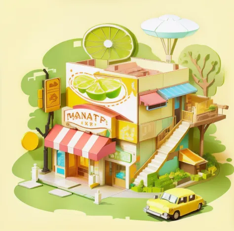tmasterpiece，Best quality at best，cartoony，3D，There is a cat on it，Illustration of a small shop of a building and a car with the exterior of a lime yogurt package，The third floor contains a rooftop，cute detailed digital art，Inspired by Yanagawa Nobuta，cute...