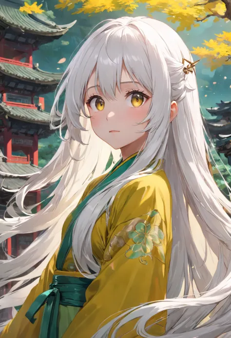 long  white hair，Yellow and green clothes，China-style，444 Hz, Beautiful, Breathtaking, Highly detailed, 8K, Use, Affectionate, Ultra photo realsisim, scenery