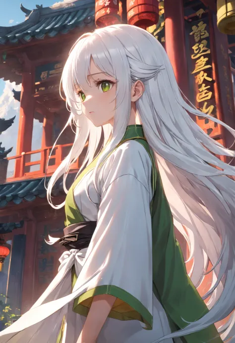 long  white hair，Yellow and green clothes，China-style，444 Hz, Beautiful, Breathtaking, Highly detailed, 8K, Use, Affectionate, Ultra photo realsisim, scenery