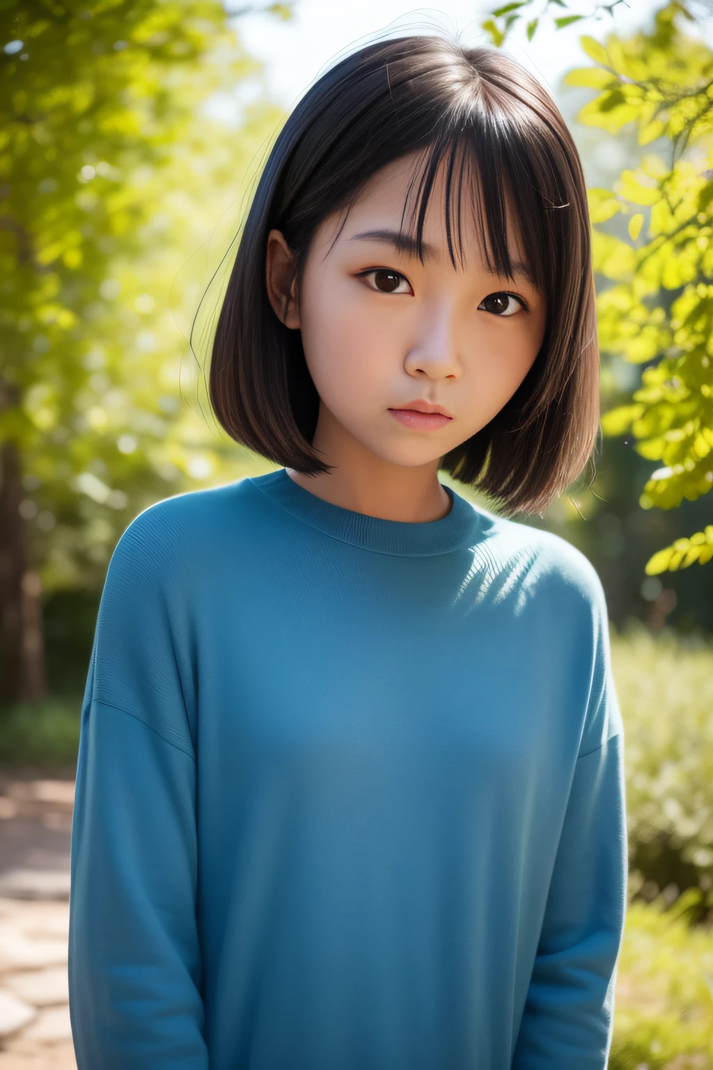 1 girl, woman, 18 years old, Asian girl, portrait face and perfect oval face, realistic face, realistic eyes, closed mouth, side lighting, screen background, looking at viewer, enchanted forest in background, diffused back shot , outside, (((Bald girl))), looks at the viewer in the face,