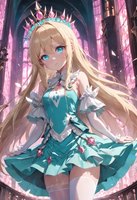 Turquoise eyes，Anime girl with long blonde hair and white stockings，Pink and white clothes，Gothic，The crown of crystals，Sanctuary，Magical fantasy，444 Hz, Beautiful, Breathtaking, Highly detailed, 8K, Use, affectionate, Ultra photo realsisim, scenery