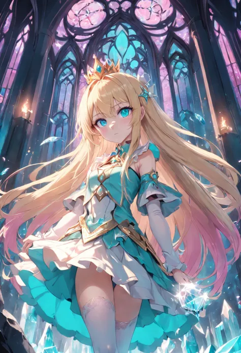 Turquoise eyes，Anime girl with long blonde hair and white stockings，Pink and white clothes，Gothic，The crown of crystals，Sanctuary，Magical fantasy，444 Hz, Beautiful, Breathtaking, Highly detailed, 8K, Use, affectionate, Ultra photo realsisim, scenery
