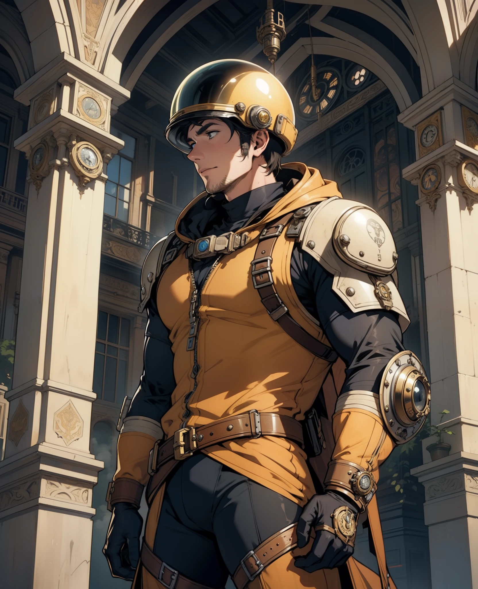 Handsome man in the style of steampunk in full growth, dressed in a spacesuit and helmet, against the background of an Art Nouveau building, steampunc