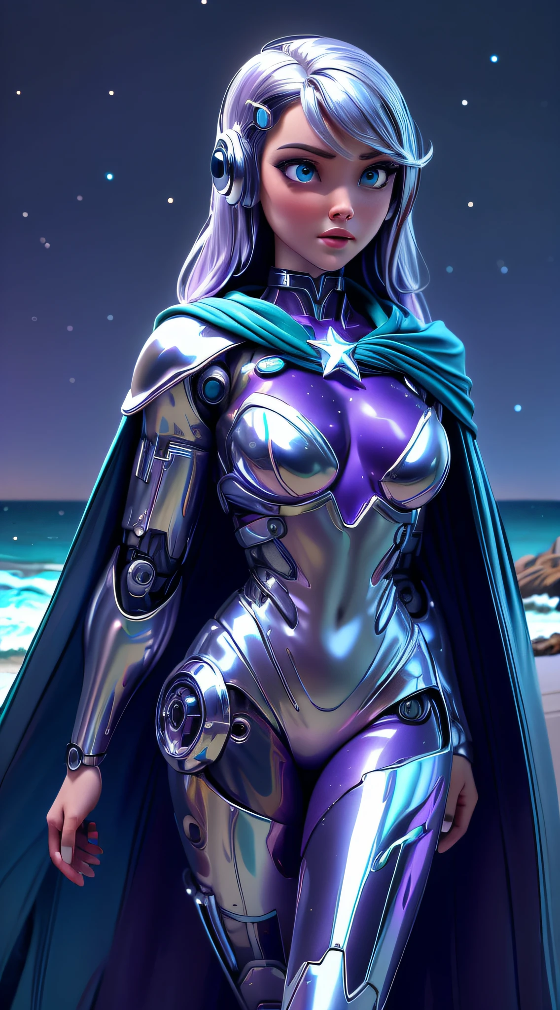 chrometech, Cyborg femelle métallique portant un body Starlight, Cape violette en velours avec étoiles argentées: Des étoiles argentées semblent tomber en cascade sur la cape, créant un effet de chute d&#39;étoiles captivant., (Bleu de Lviv,Fond de couleur Coastal Vista:1.3),