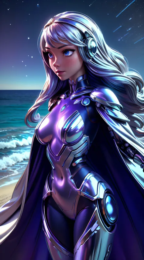 chrometech, metallic  female cyborg wearing  Starlight Bodysuit, Velvet Purple Cloak with Silver Starfall: Silver stars appear t...