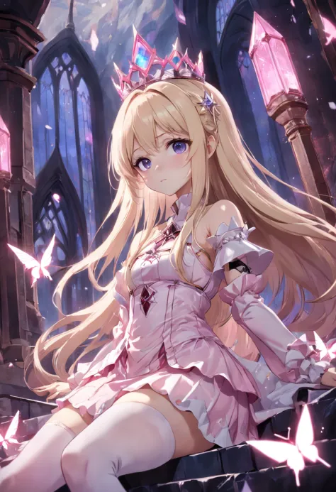 Anime girl with long blonde hair and white stockings，Pink and white clothes，Gothic，Crown of Crystals，Sanctuary，Magical fantasy，444 Hz, Beautiful, Breathtaking, Highly detailed, 8K, Use, Affectionate, Ultra photo realsisim, scenery
