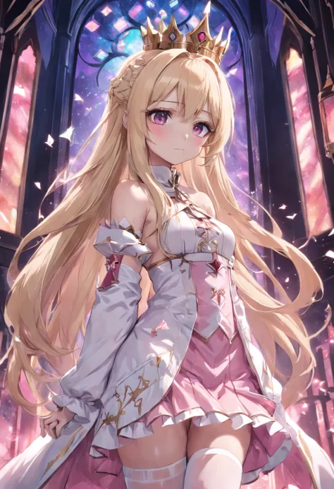 Anime girl with long blonde hair and white stockings，Pink and white clothes，Gothic，Crown of Crystals，Sanctuary，Magical fantasy，444 Hz, Beautiful, Breathtaking, Highly detailed, 8K, Use, Affectionate, Ultra photo realsisim, scenery