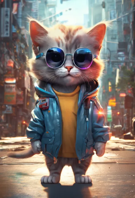 Perfect centering, A cute kitten all over, Wear a student jacket, Wearing sunglasses, Wearing headphones, Standing position, Abstract beauty, Centered, Looking at the camera, Facing the camera, nearing perfection, Dynamic, Moonlight, Highly detailed, Digit...