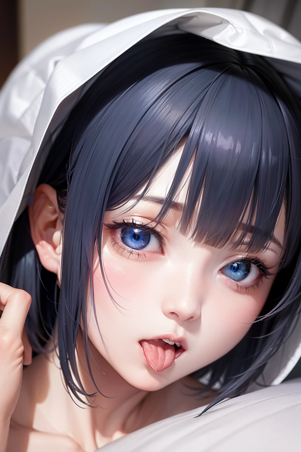 Chica anime con ojos azules y cabello negro sacando la lengua. - SeaArt AI