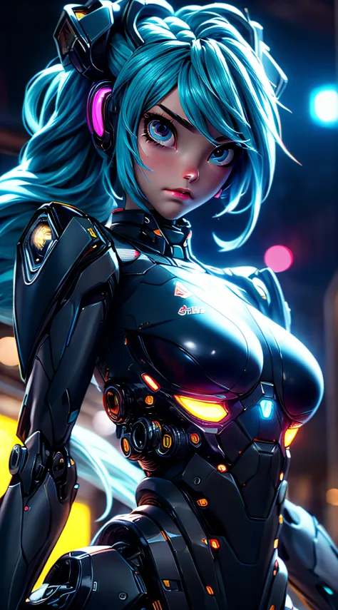 cgmech, beautiful eyes, upper body, underboob,  portrait, robot, armor, Hatsune Miku, neon light, 8K, RAW, best quality, masterp...