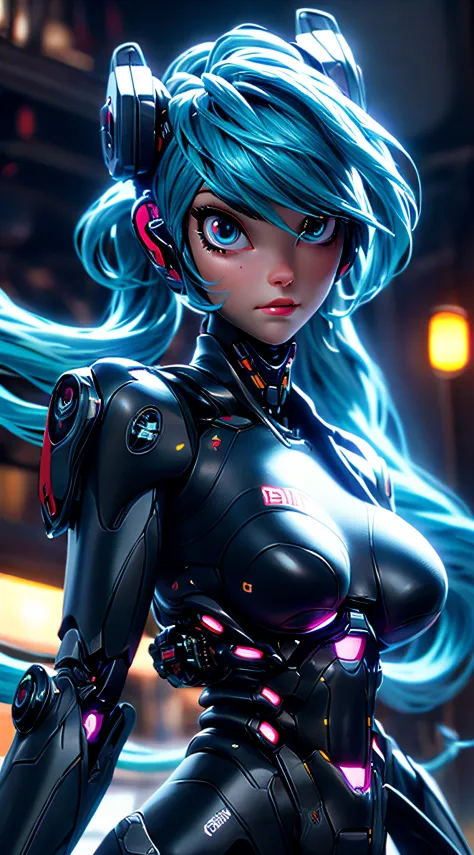 cgmech, beautiful eyes, upper body, underboob,  portrait, robot, armor, Hatsune Miku, neon light, 8K, RAW, best quality, masterp...