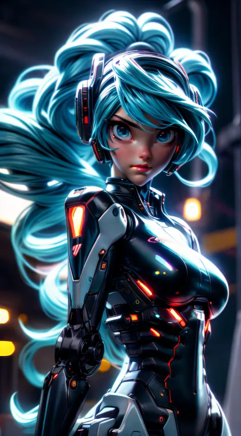 cgmech, beautiful eyes, upper body, underboob,  portrait, robot, armor, Hatsune Miku, neon light, 8K, RAW, best quality, masterp...