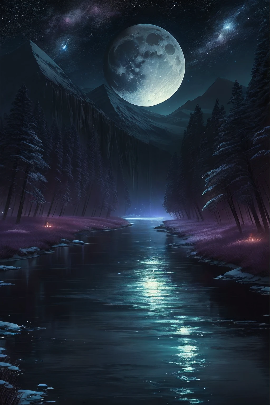 Un cuadro de un río con estrellas y luna en el cielo., arte conceptual inspirado en Tosa Mitsuoki, Ganador del concurso pixiv, mejor calidad, Arte De Fantasía, hermosa escena de anime, una luna brillante, ambiente estrellado iluminado por la luna, pintura de ensueño, fondo animado Art, Arte paisajístico de fantasía, noche de fantasia, fondo animado, ilustraciones de fondo, arte fantástico, anime atmosférico, cielo estrellado, detalle mejorado.